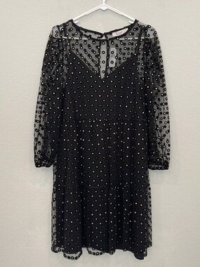 Loft Swing Dress Women's M Shimmer Dots Tiered Black Long Puff Sleeve Mini